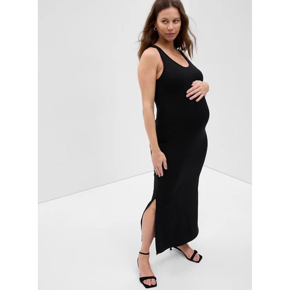 Gap Maternity Black Ribbed Tank‎ Maxi Dress Side Slit Ruched Bodycon Size XXL